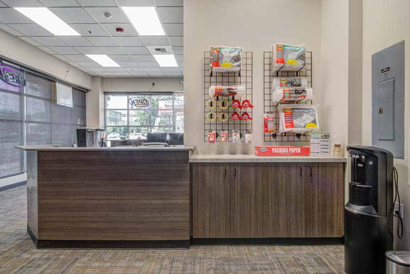 Lobby with packing supplies available for purchase.