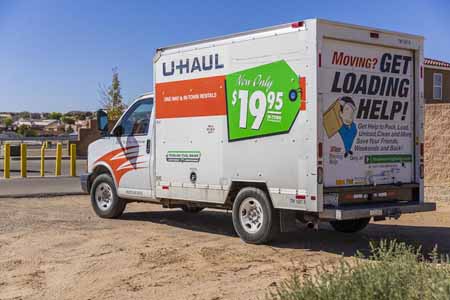 Uhaul parked at a self storage facility.