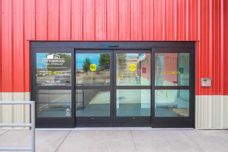 Front entrance of a self storage facility leasing office.