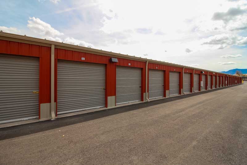 Exterior of drive up self storage units.
