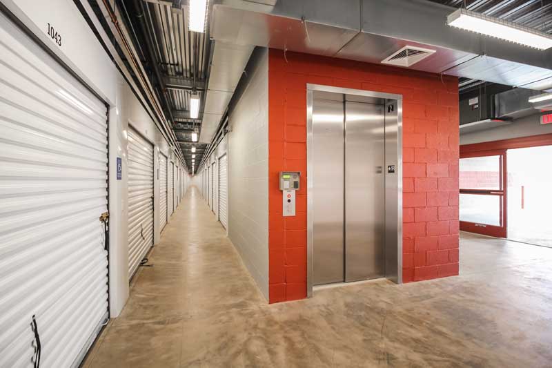 Elevator inside of a climate controlled self storage facility.