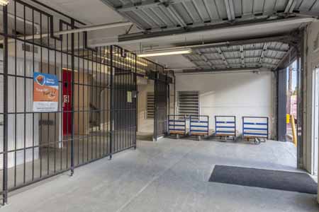Staging area inside of a self storage facility.