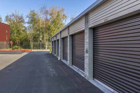 Exterior of large drive up self storage units.