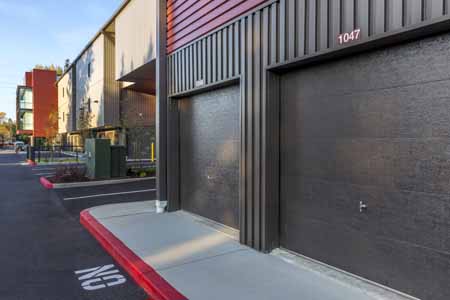 Exterior of large drive up self storage units.