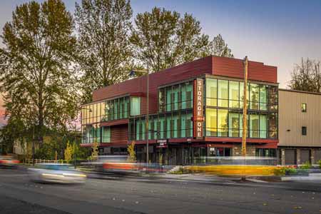 Exterior of a self storage facility's leasing office.