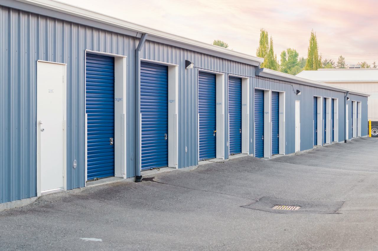 Exterior of drive up self storage units.