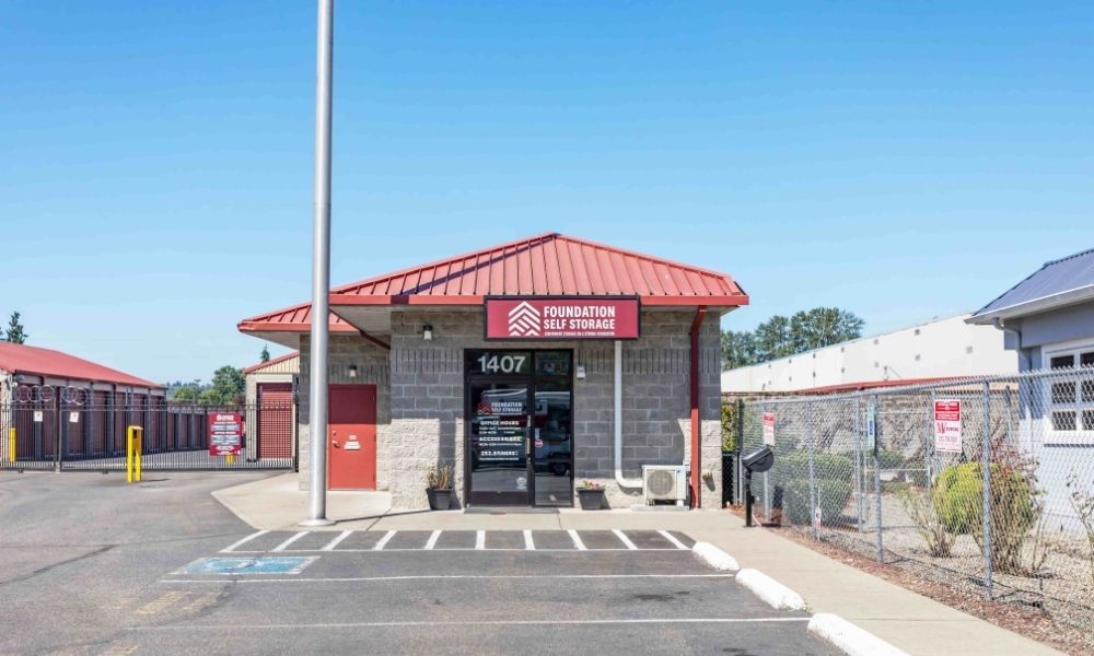 Foundation Self Storage storefront with front door